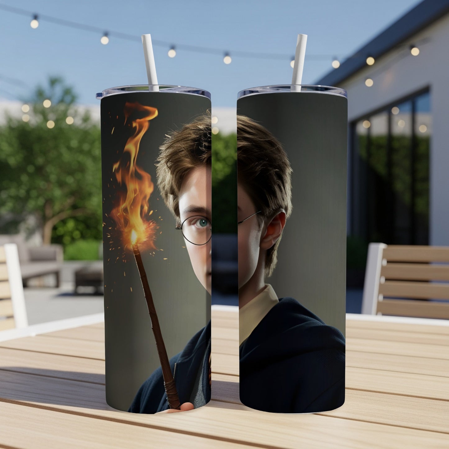 Harry Potter holding a flaming wand, digitally rendered.