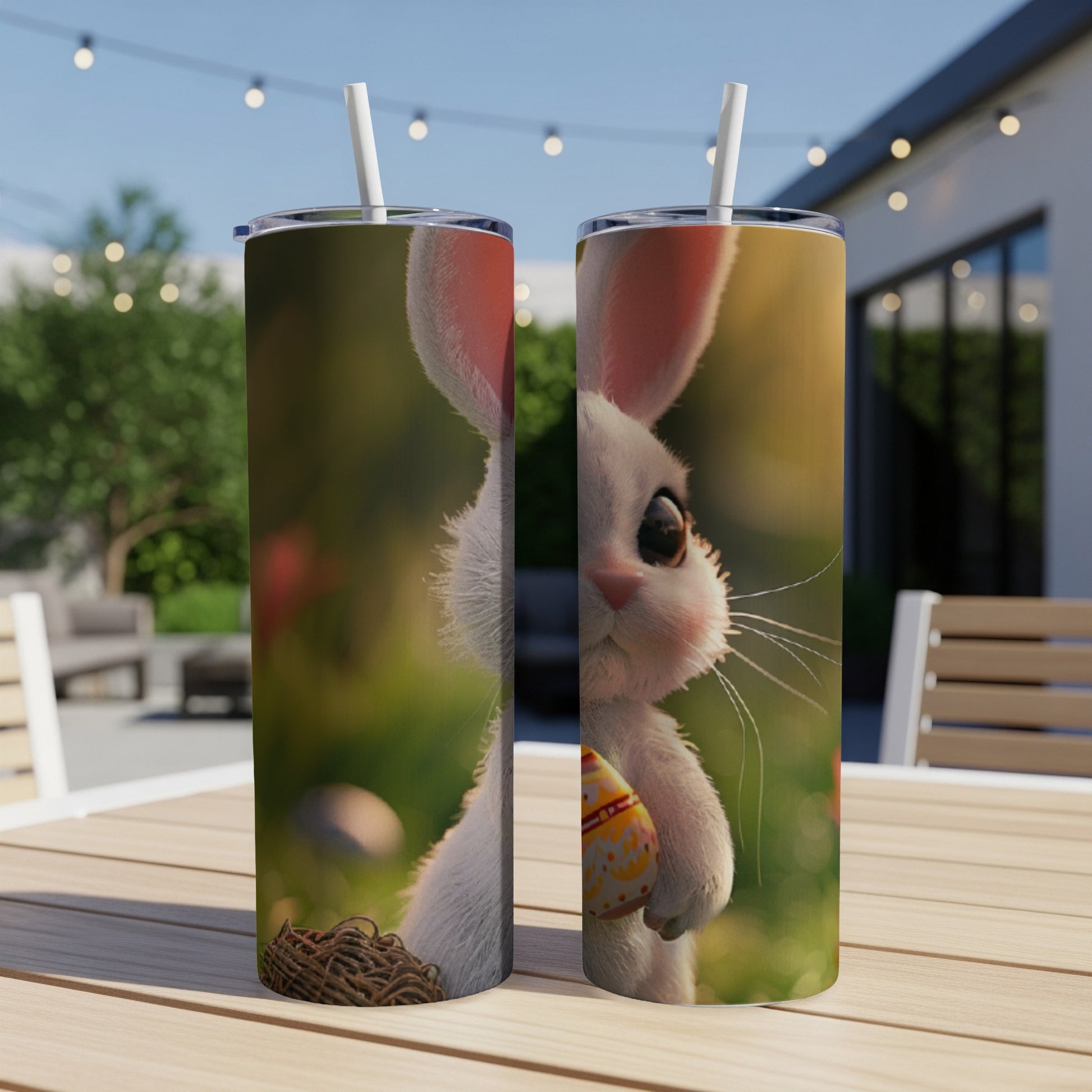 White Easter bunny holding a decorated egg on a tumbler.