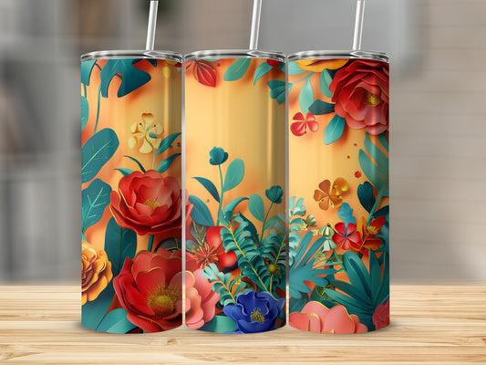 Three tumblers with a vibrant floral and leaf design on a golden gradient background.