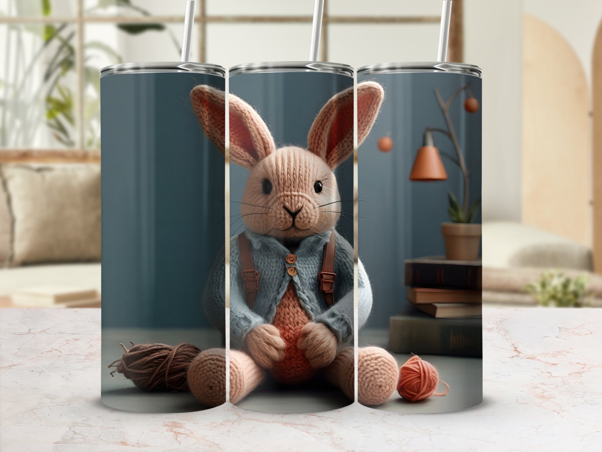 Adorable Knitted Rabbit Blue Sweater Suspenders Yarn Art product type