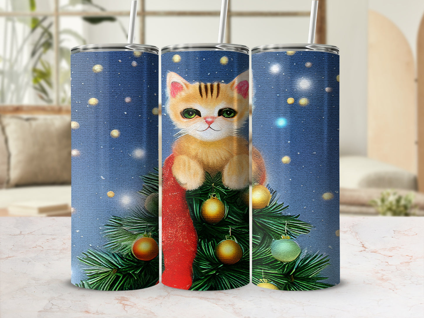 Orange tabby cat peeking from Christmas tree with red ribbon.