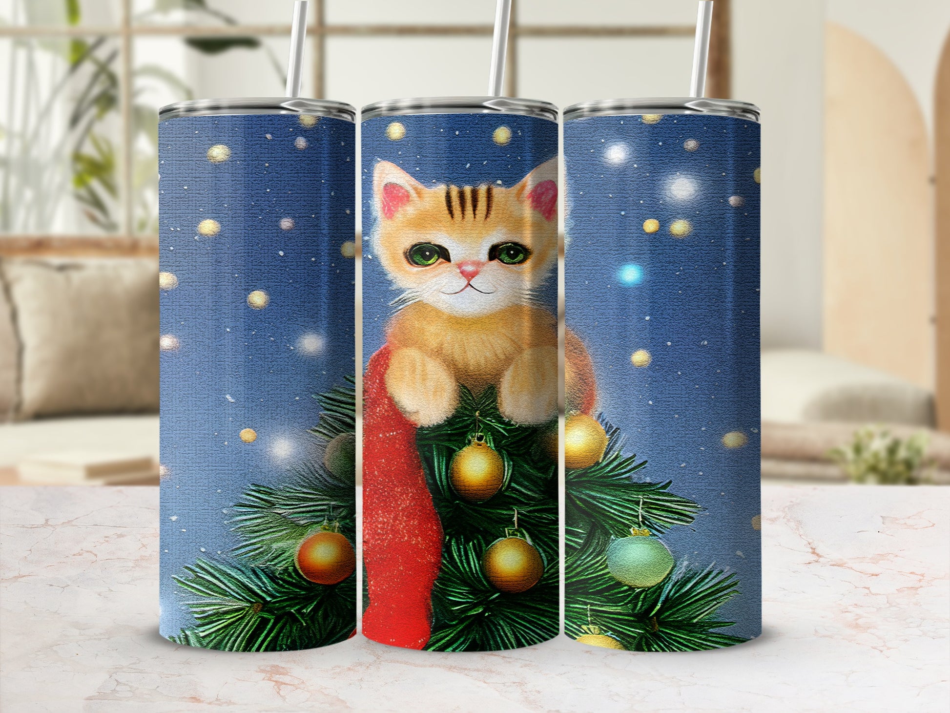 Orange tabby cat peeking from Christmas tree with red ribbon.