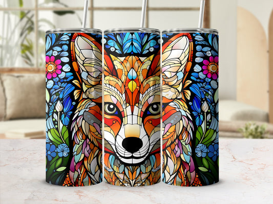 Triptych of tumblers with colorful mosaic fox and floral designs.