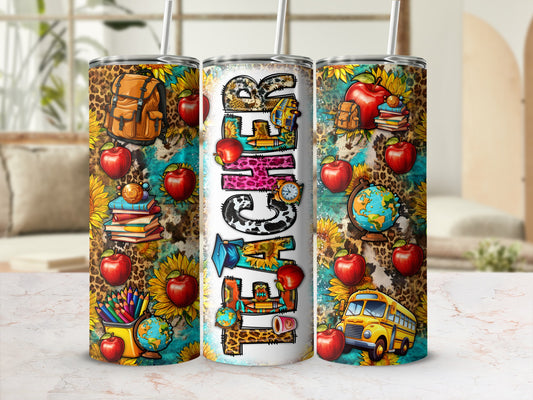 Tumblers with "Teacher" text, school supplies, apples, sunflowers, and leopard print.