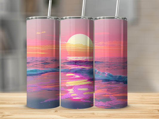 Three tumblers displaying a sunset over an ocean with pink and orange hues.