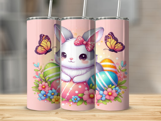 Cute Easter bunny with colorful eggs and butterflies on a pink background.