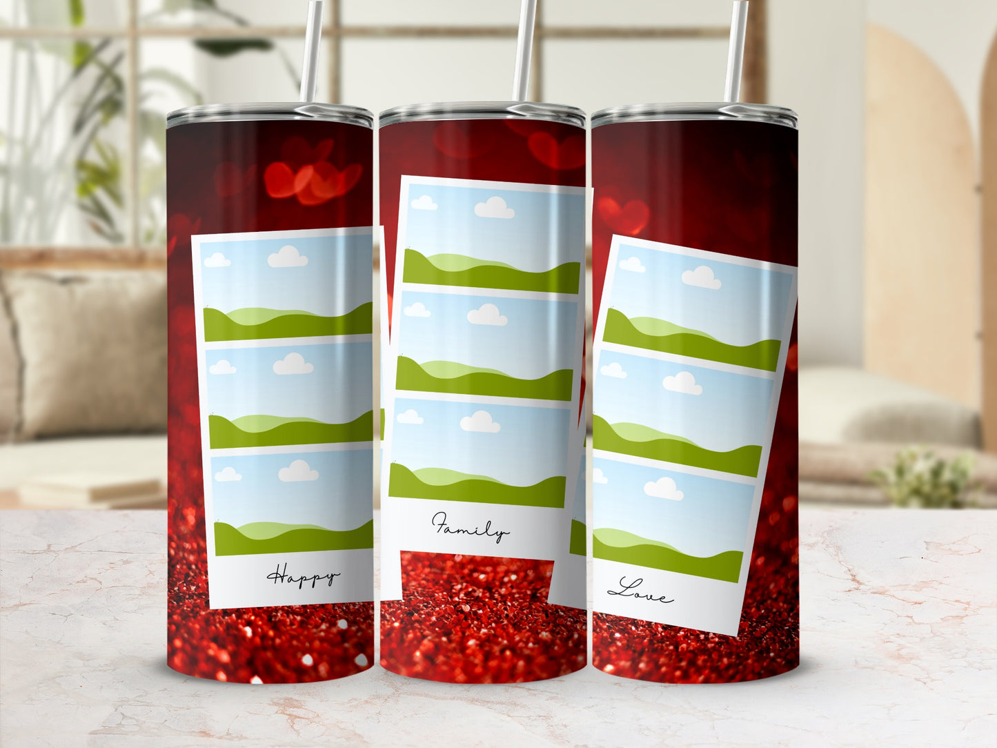 Three tumblers with stacked landscape photos and text: "Happy", "Family", "Love".