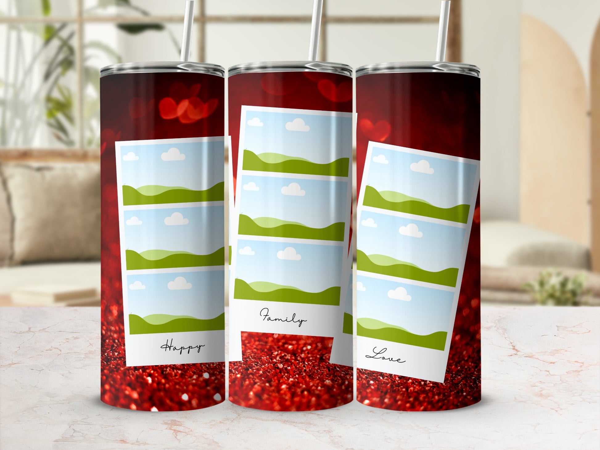 Three tumblers with stacked landscape photos and text: "Happy", "Family", "Love".
