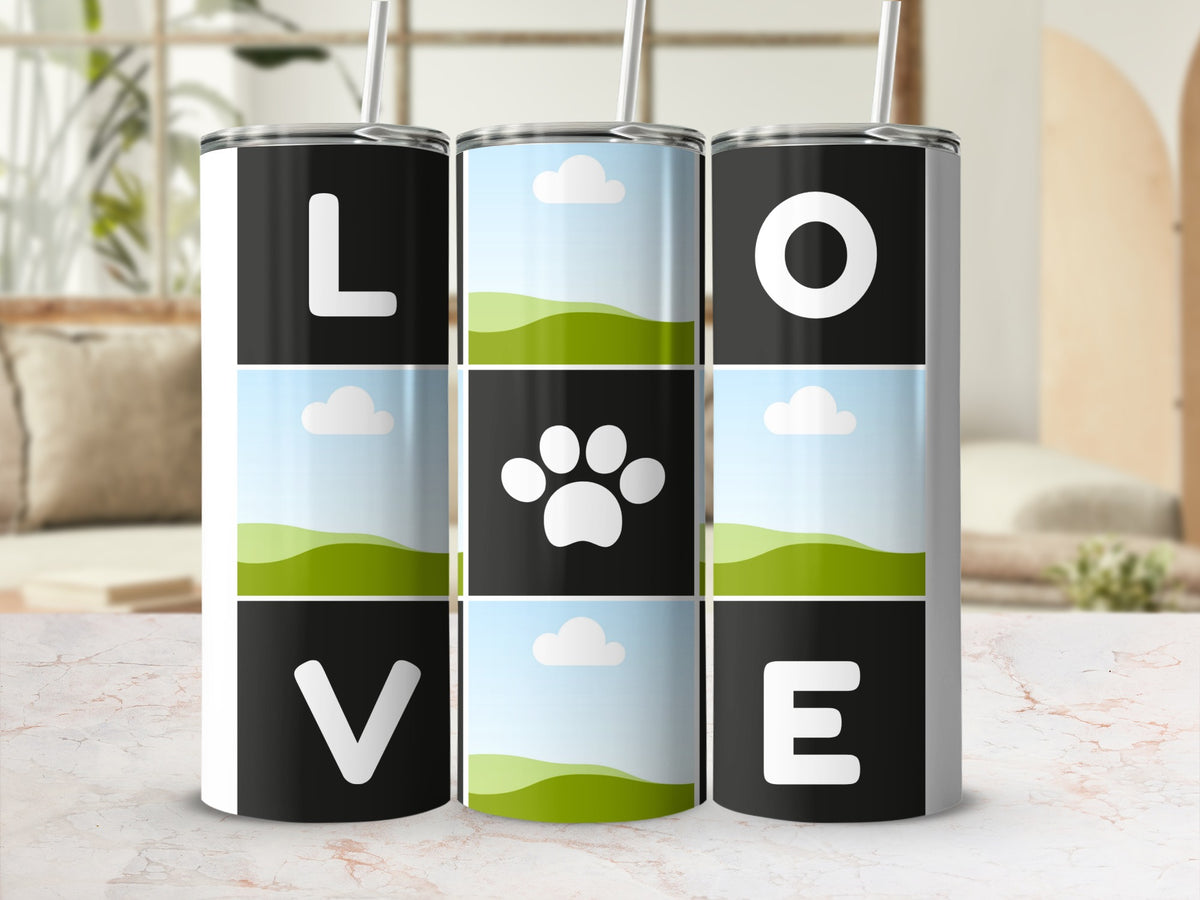Tumblers spelling "LOVE" with a paw print in the center.