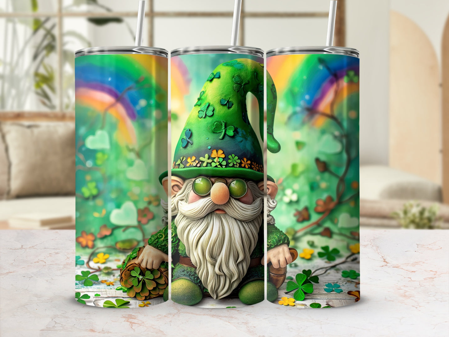 Gnome in a green hat and overalls with a rainbow background and clover patterns.
