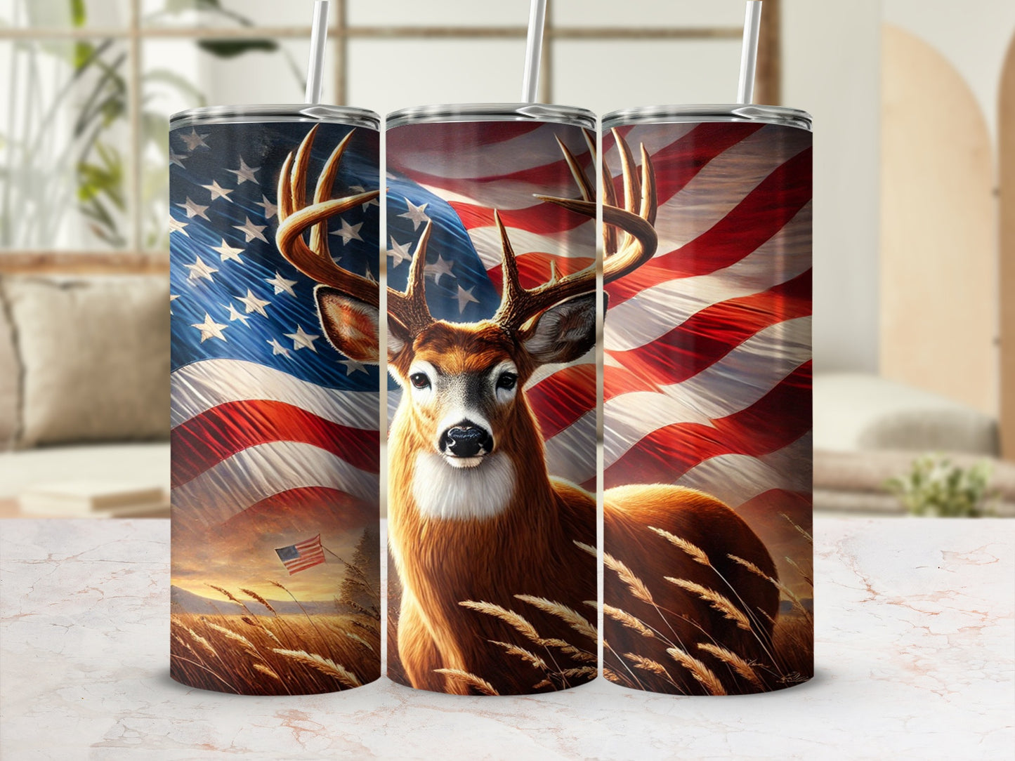 American Flag and Deer Design Tumbler Cup