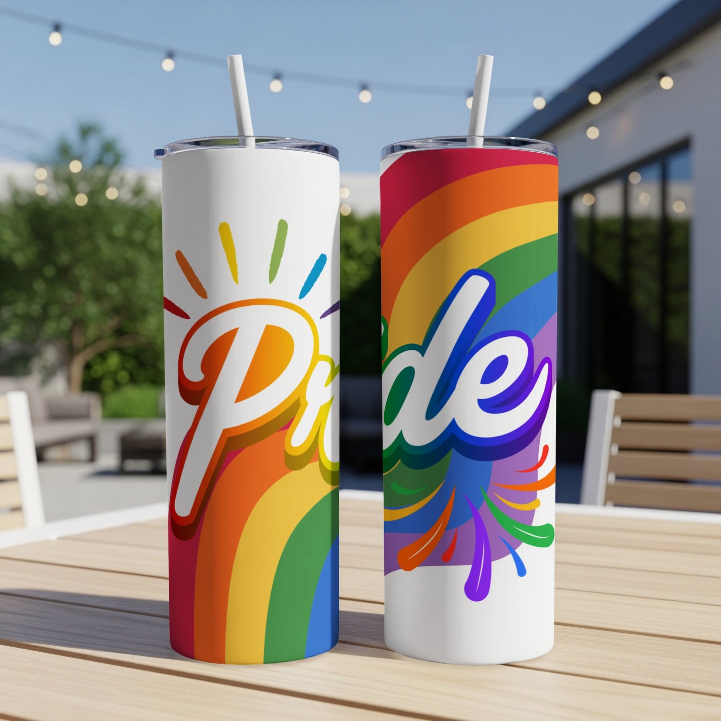 Two Pride tumblers with rainbow designs and text sit on a wooden table outdoors.