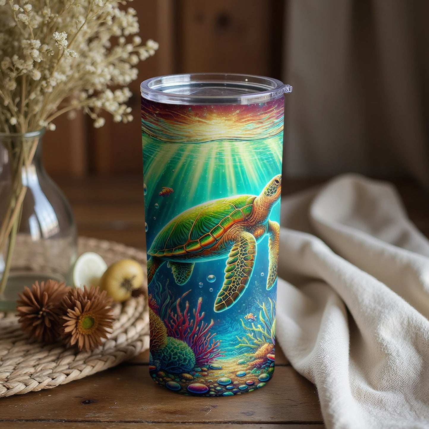 Sea Turtle with Coral Illustration Tumbler