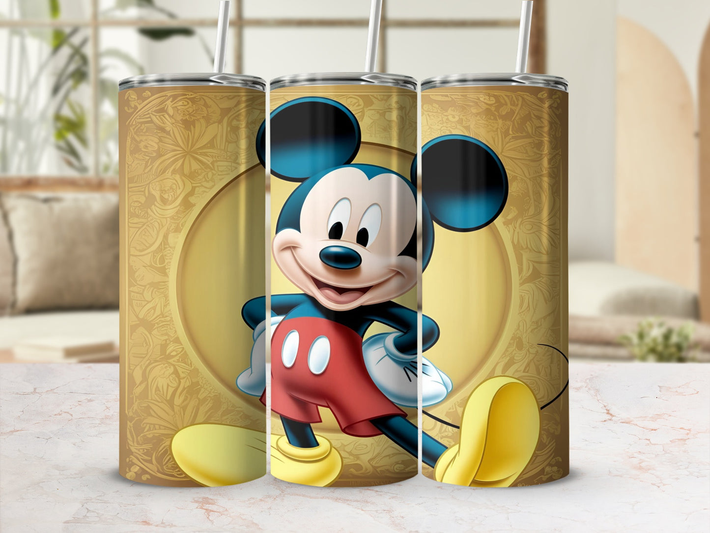Mickey Mouse in red shorts and yellow shoes on a golden patterned tumbler.