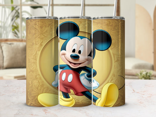 Mickey Mouse in red shorts and yellow shoes on a golden patterned tumbler.