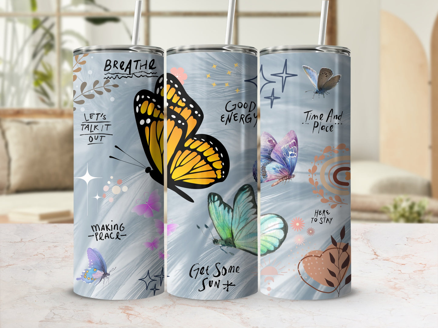 Inspirational Butterfly and Quote Design Tumbler Cup