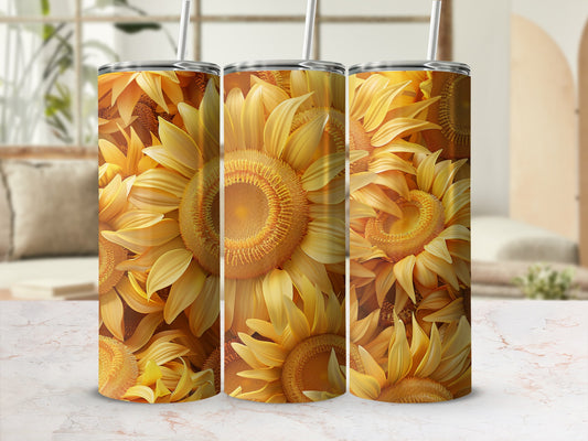 Three tumblers adorned with a close-up pattern of bright yellow sunflowers.