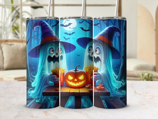 Three tumblers with Halloween ghosts, a jack-o'-lantern, and french fries.