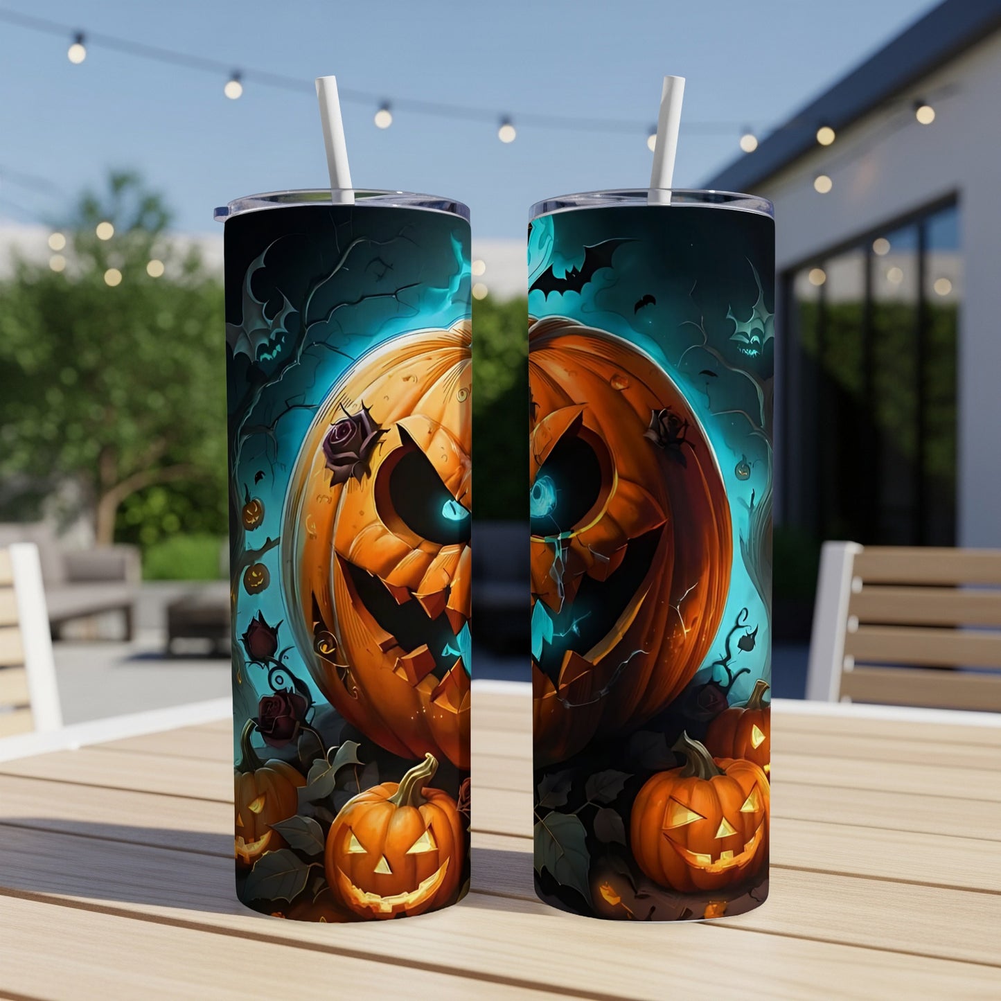 Two Halloween-themed tumblers with carved pumpkins, bats, and roses on a wooden table.
