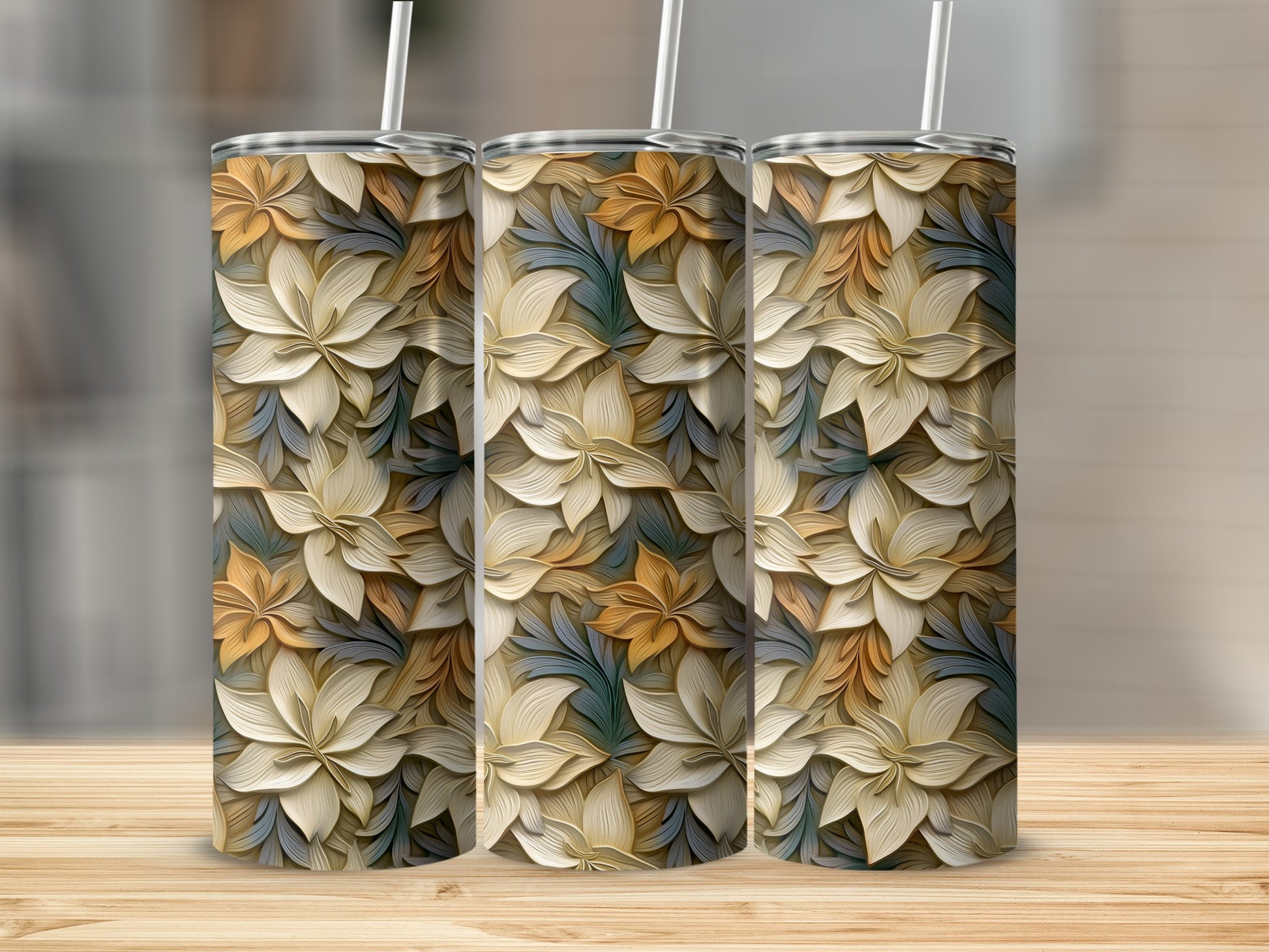 Beautiful Floral Patterned Drinkware Set with Straws