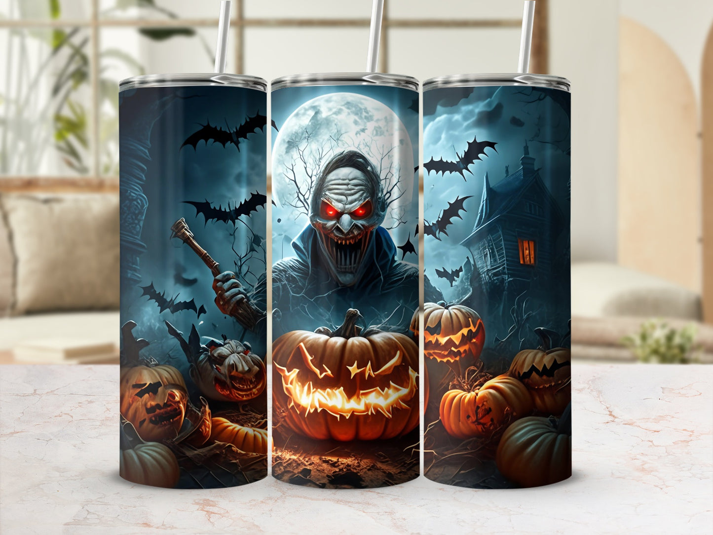 Halloween tumblers with scary monster, bats, haunted house, and jack-o'-lantern designs.