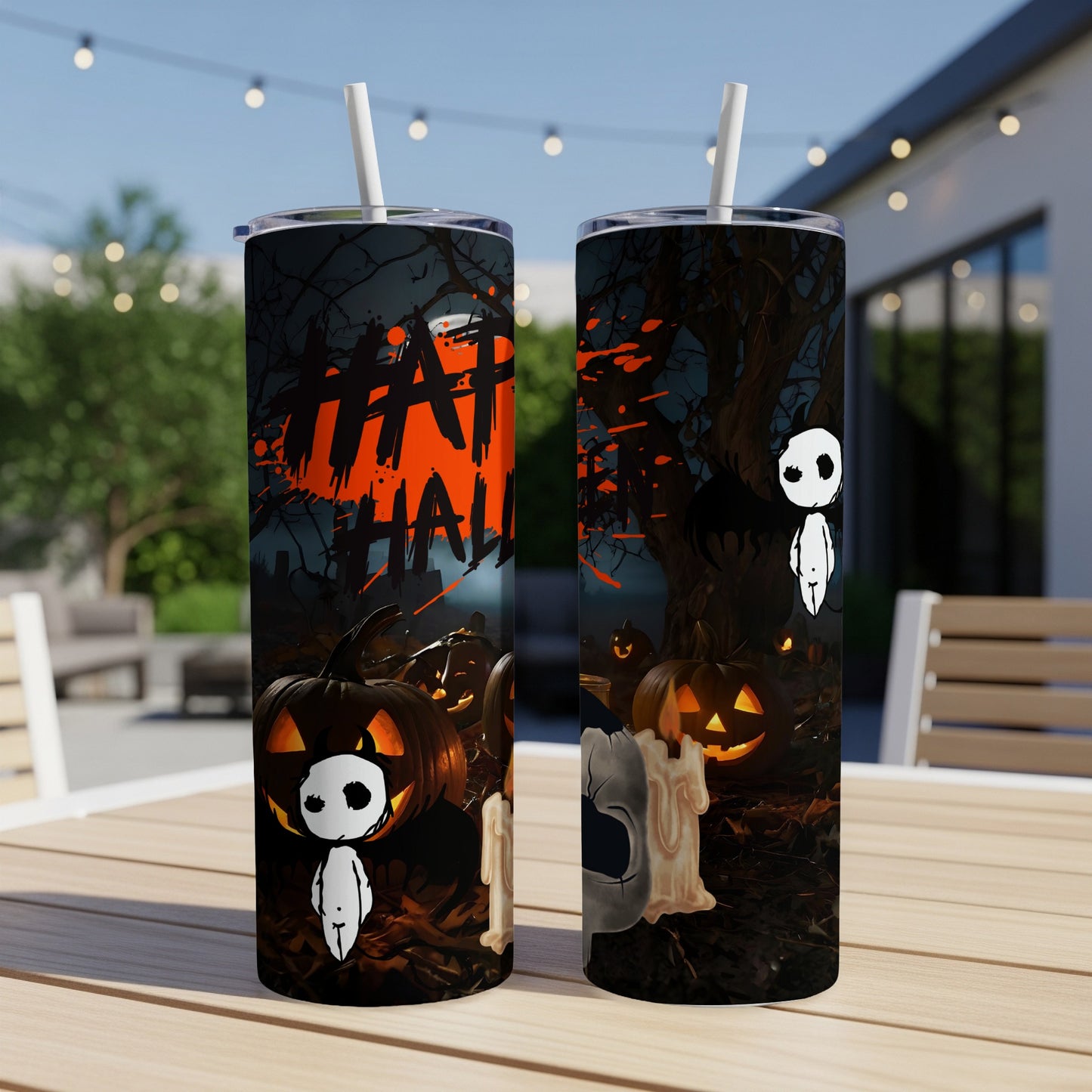 Halloween tumblers with pumpkins, a ghost, and "HAPPI HAL" text.