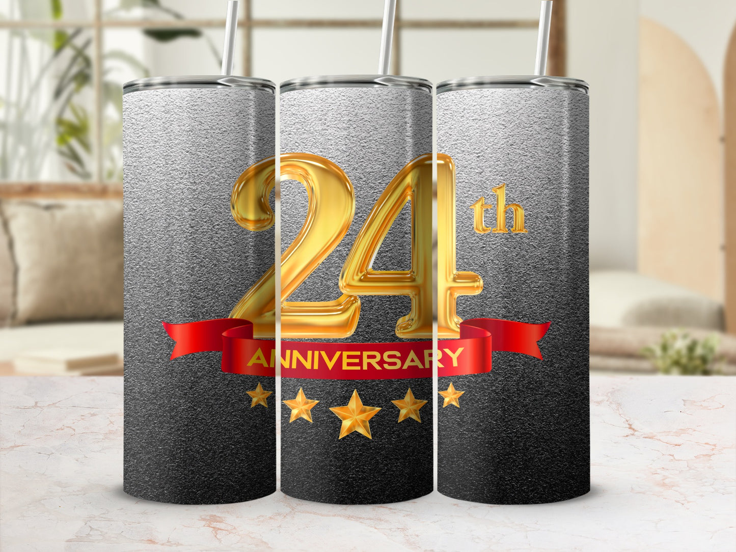 Three tumblers celebrating a 24th anniversary with gold stars and ribbon.