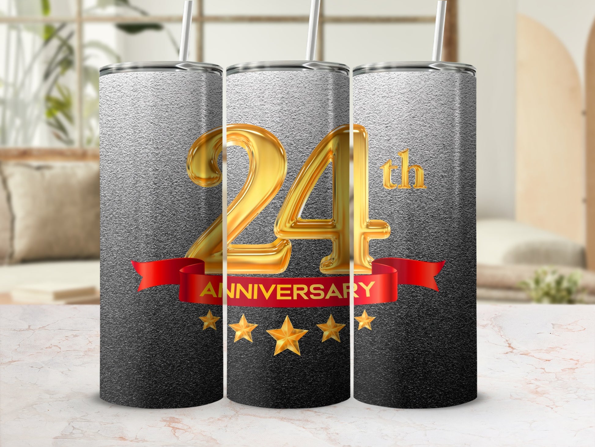 Three tumblers celebrating a 24th anniversary with gold stars and ribbon.
