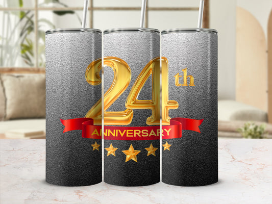 Three tumblers celebrating a 24th anniversary with gold stars and ribbon.