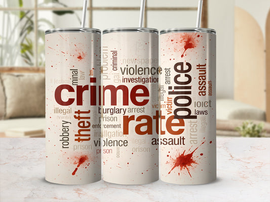 Three tumblers with crime-themed text and blood splatters.
