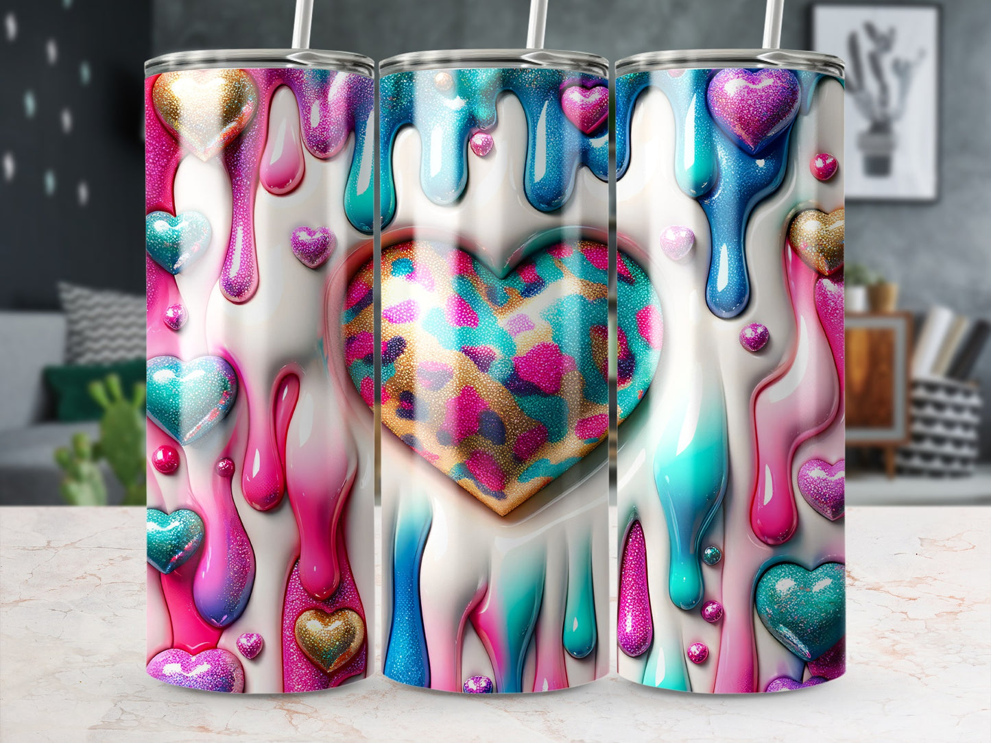 Hearts and Dripping Paint Valentine's Day! Hearts Pattern and Color Drips Design Great Gift Tumblers