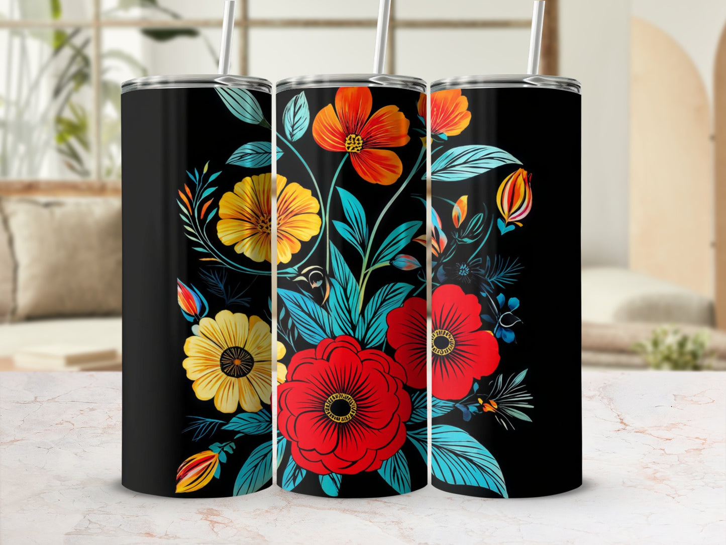 Black tumbler with vibrant red, orange, and yellow floral design.