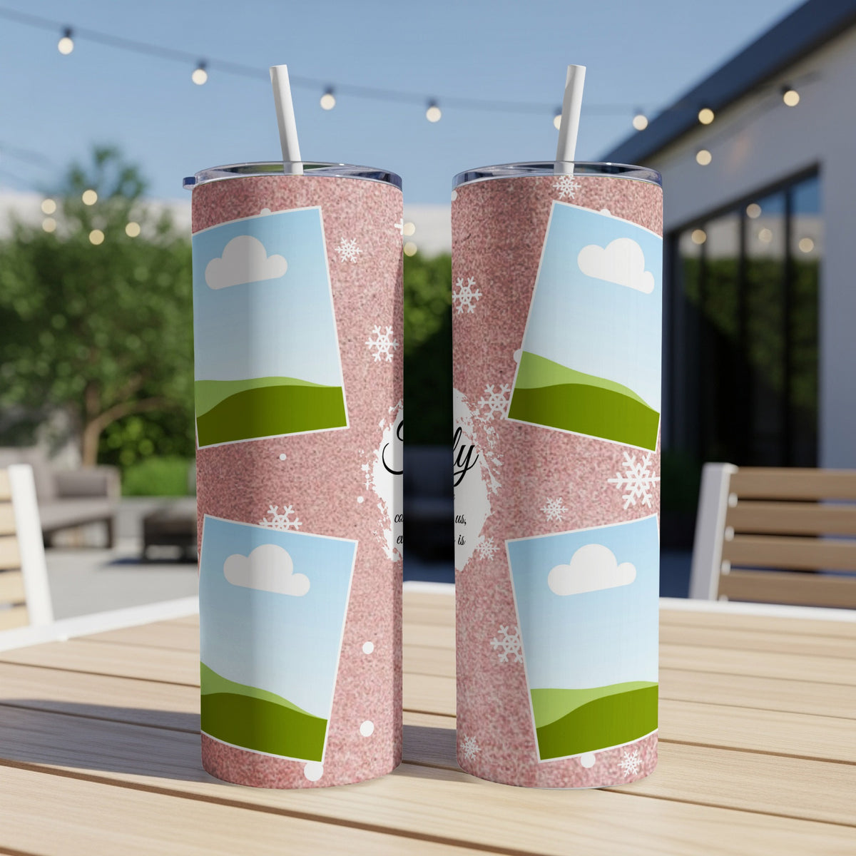 Two pink glitter tumblers with personalized photo frames and snowflakes.