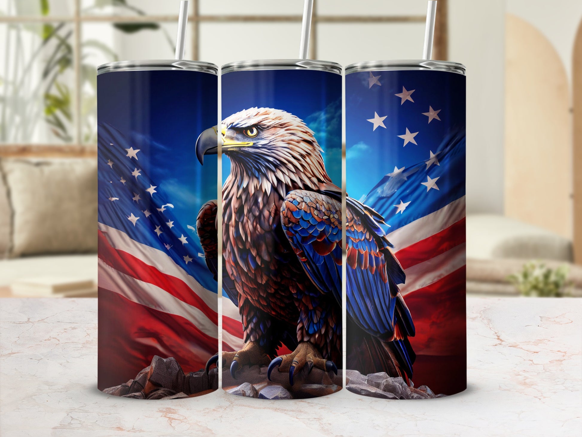 Eagle with American flag design on three tumblers.