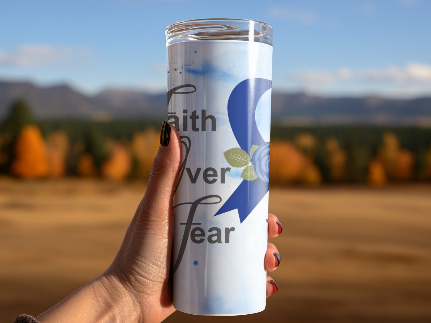 Faith Over Fear Blue Ribbon Tumbler Inspirational Gift