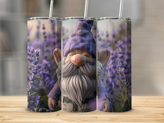 Gnome in purple hat and overalls smiles in field of purple flowers.