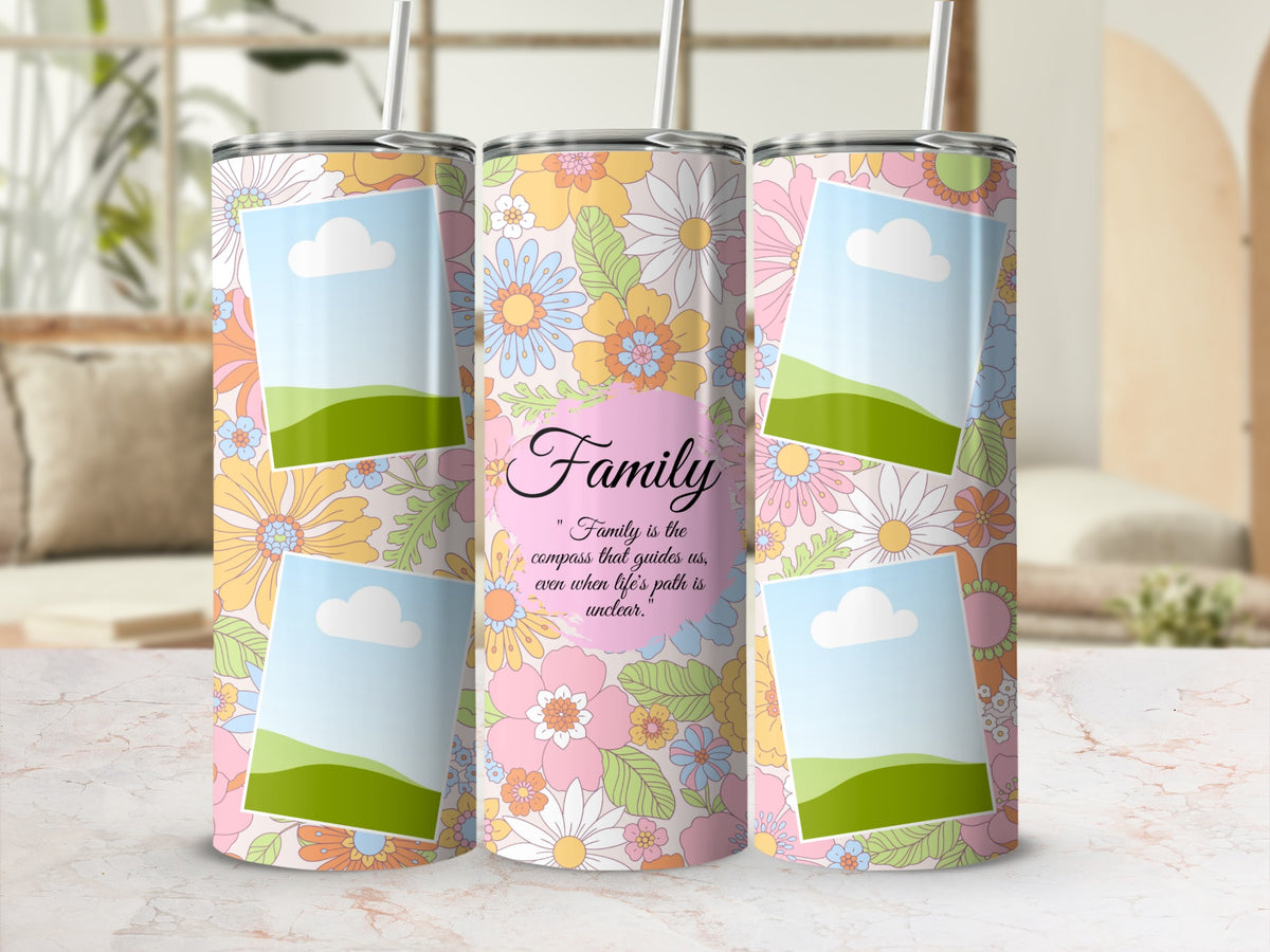 Three tumblers with floral patterns, photo placeholders, and "Family" quote.