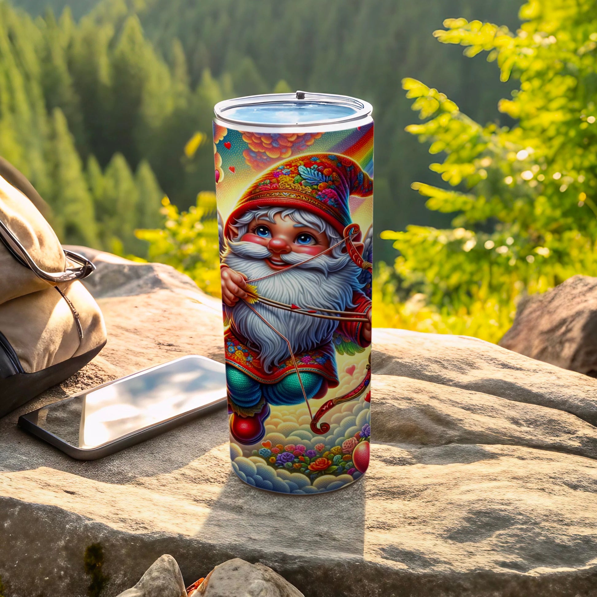 Vibrant Gnome with Bow and Arrow Travel Tumbler