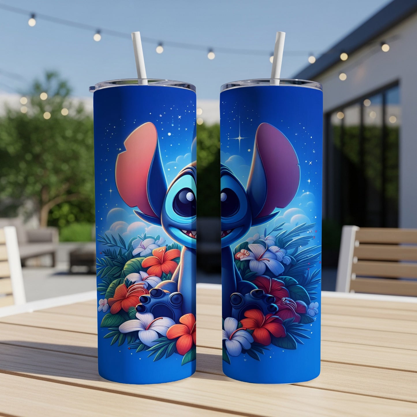 Stitch character on blue tumbler with tropical flowers and stars.