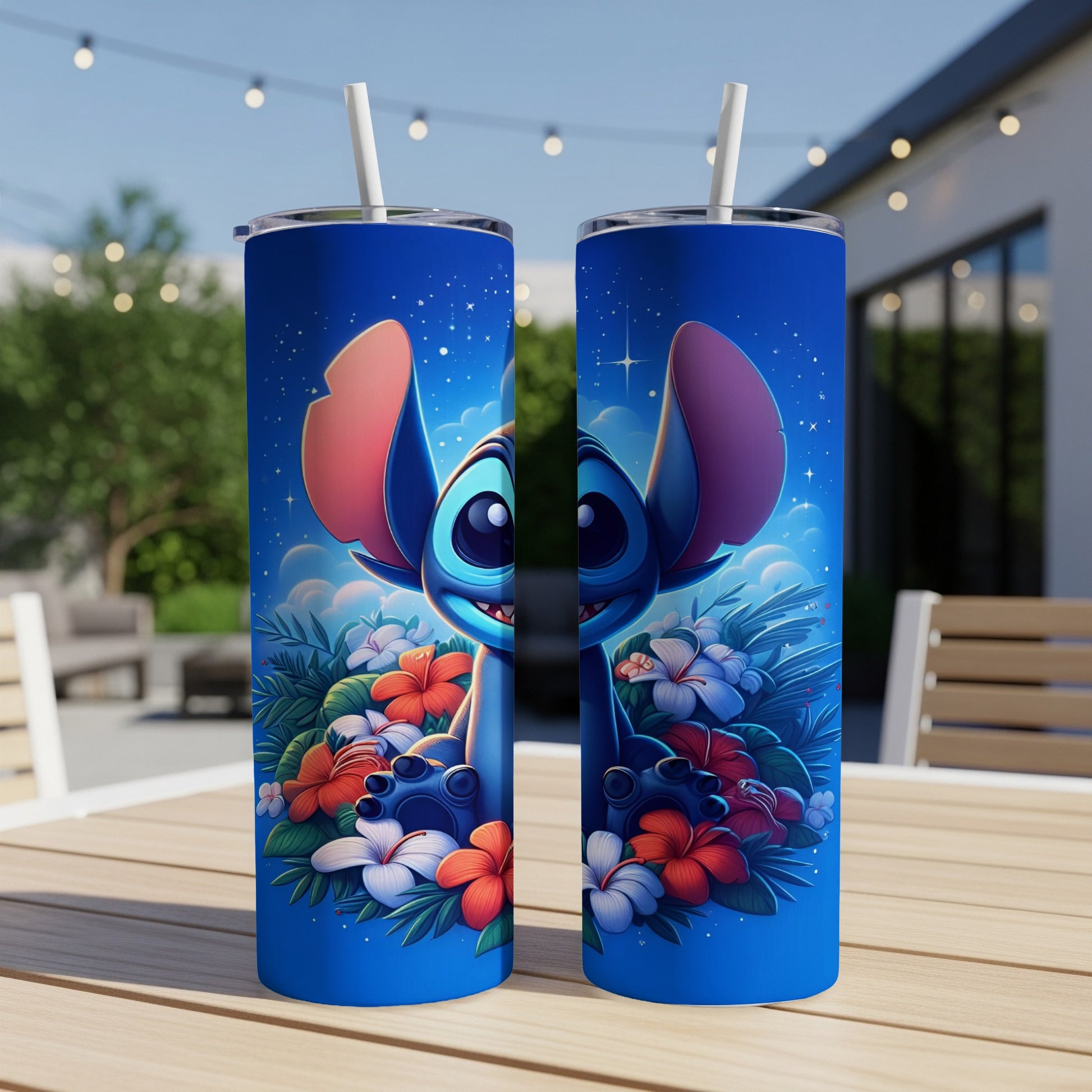 Stitch character on blue tumbler with tropical flowers and stars.