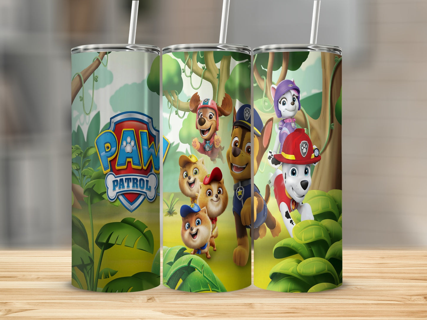Paw Patrol characters on a tropical jungle themed tumbler.