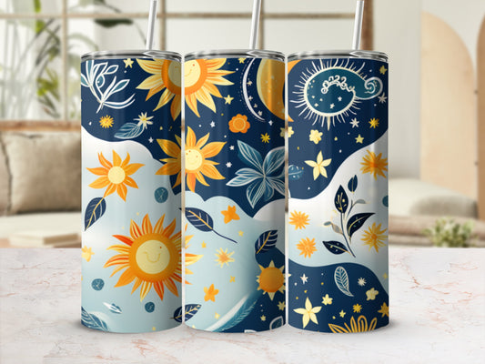 Three tumblers with celestial sun, moon, stars, and floral designs.