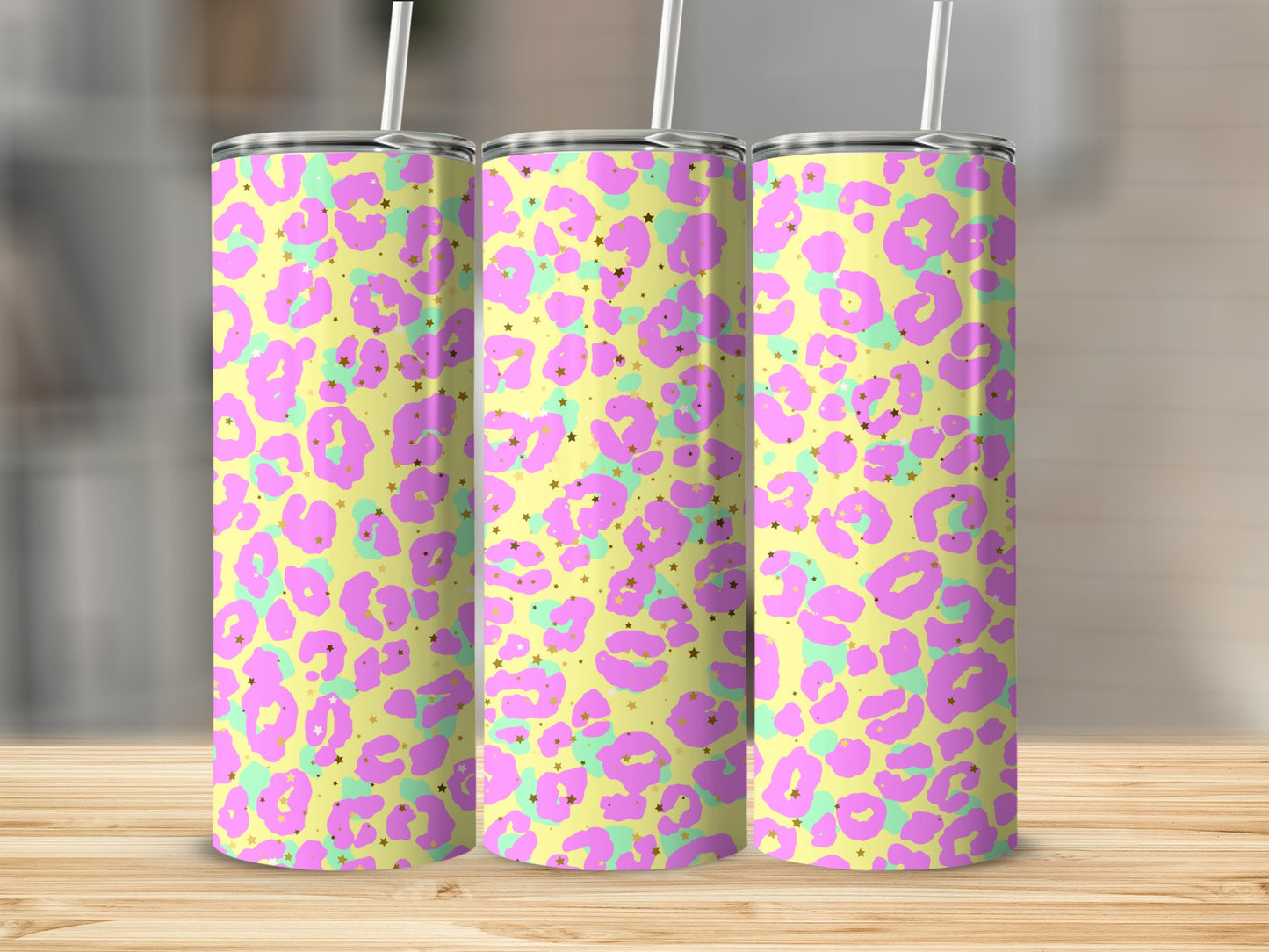 Bright Leopard Print Tumbler with Straw Stainless Steel