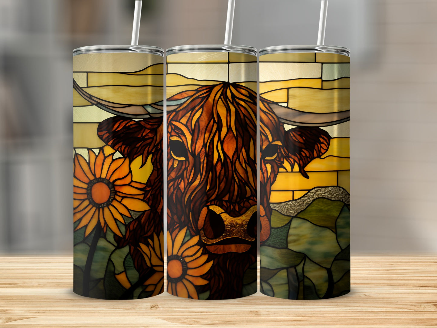 Stained glass tumbler featuring a Highland cow with sunflowers.