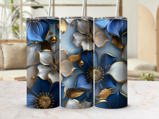 Three tumblers featuring blue and white floral patterns with gold accents.