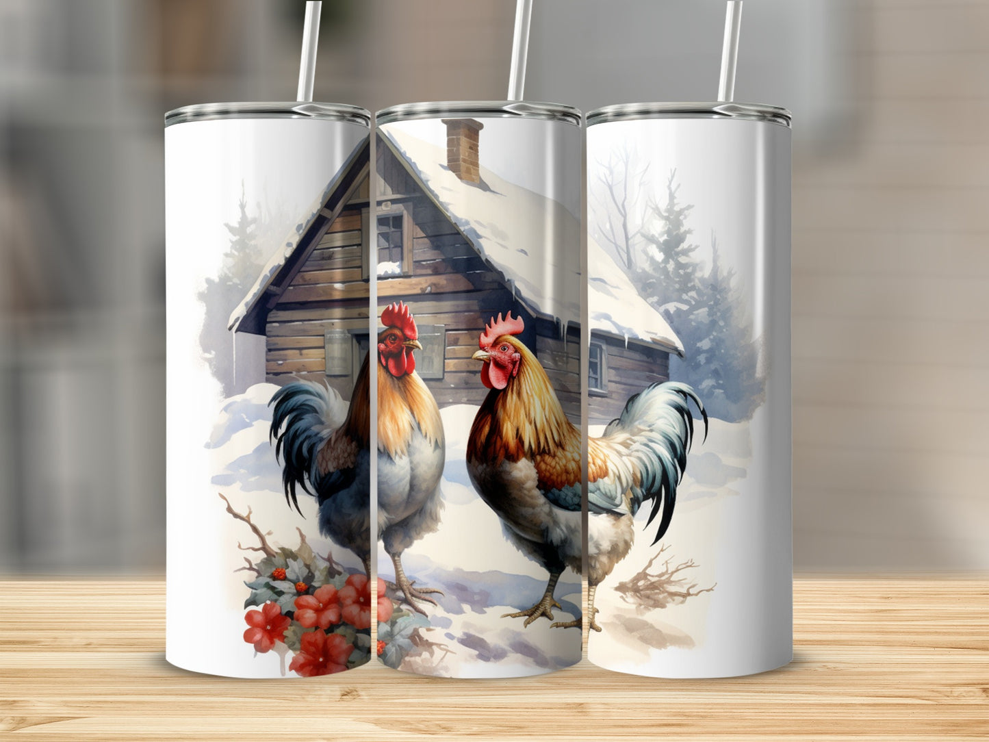 Three tumblers featuring roosters in a snowy woodland scene.