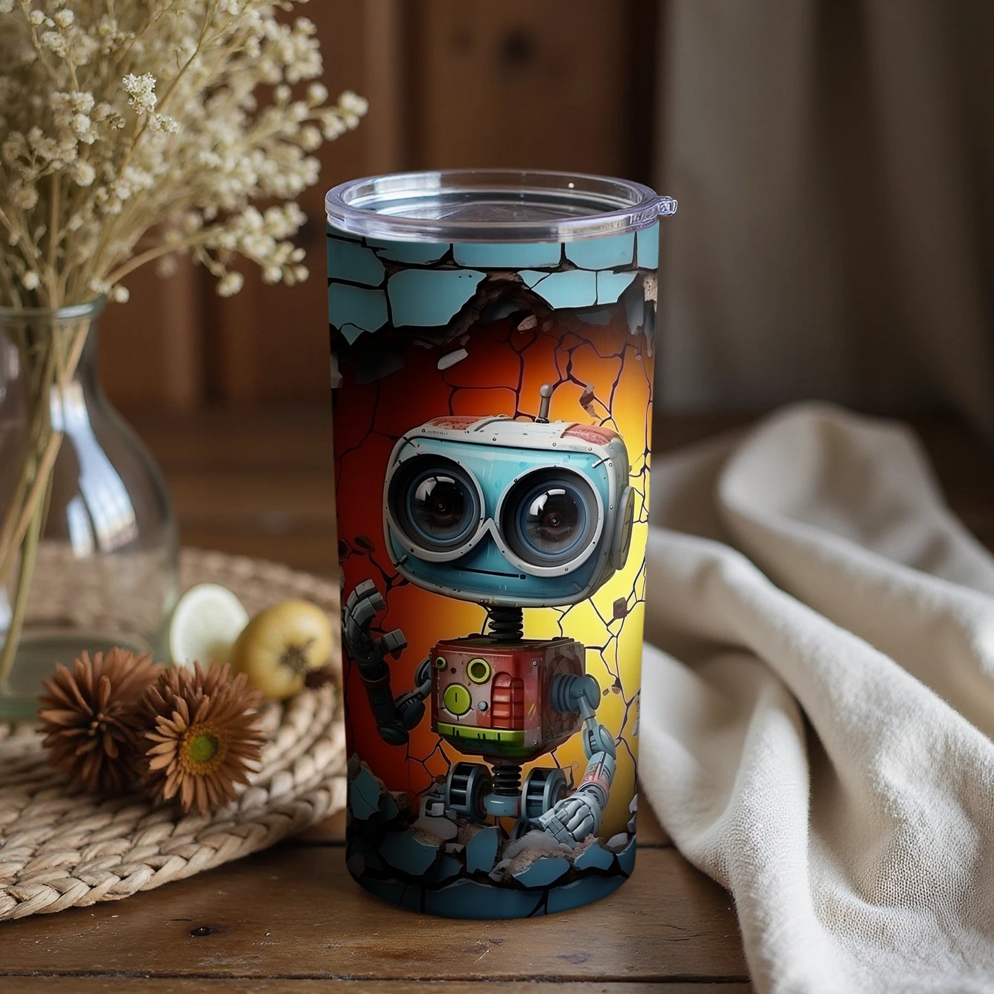 Quirky Robot Themed Insulated Tumbler for Hot or Cold Drinks