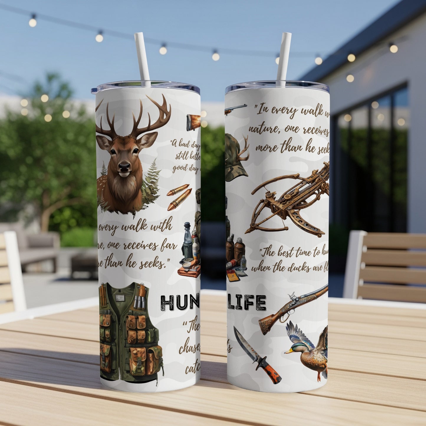 Hunting-themed tumbler with deer, crossbow, and duck graphics and quotes.