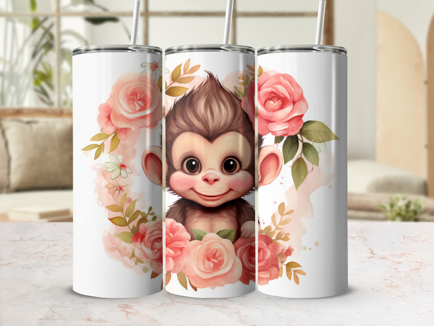 Cute Monkey Face Pink Roses Floral Wreath Design Tumbler product type