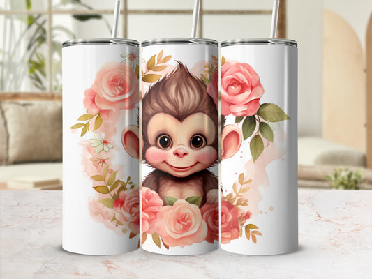 Cute Monkey Face Pink Roses Floral Wreath Design Tumbler product type